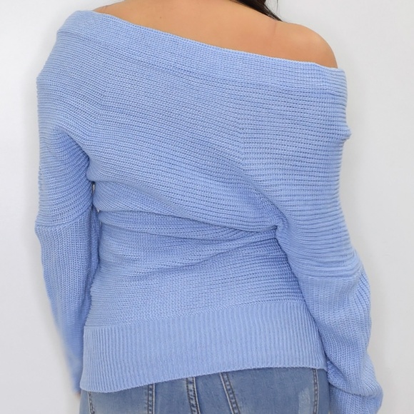 'Kimella' Sky Blue Off-the-Shoulder Wrap Sweater - Picture 3 of 3